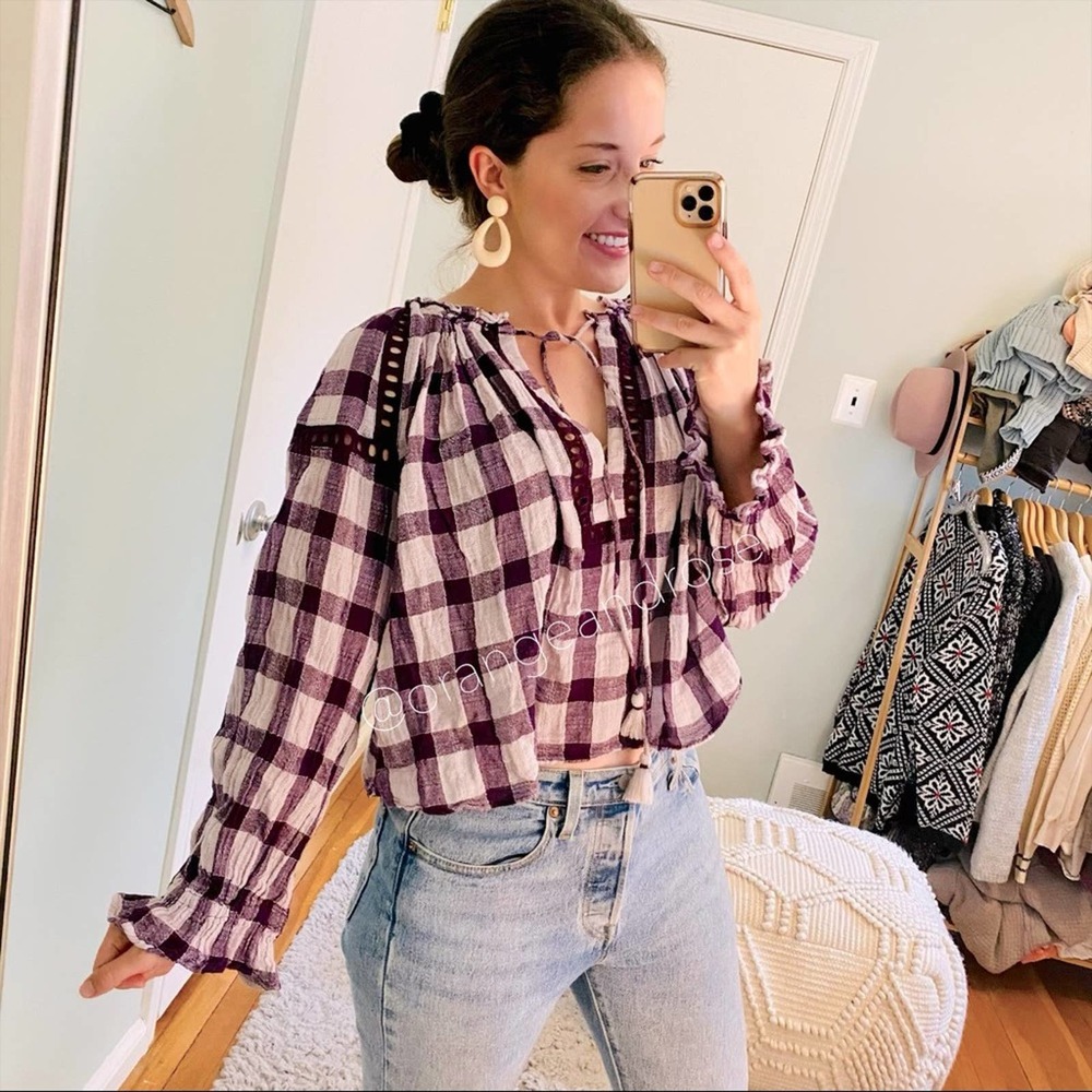 Free People Plaid Purple Soft Cropped Blouse Small